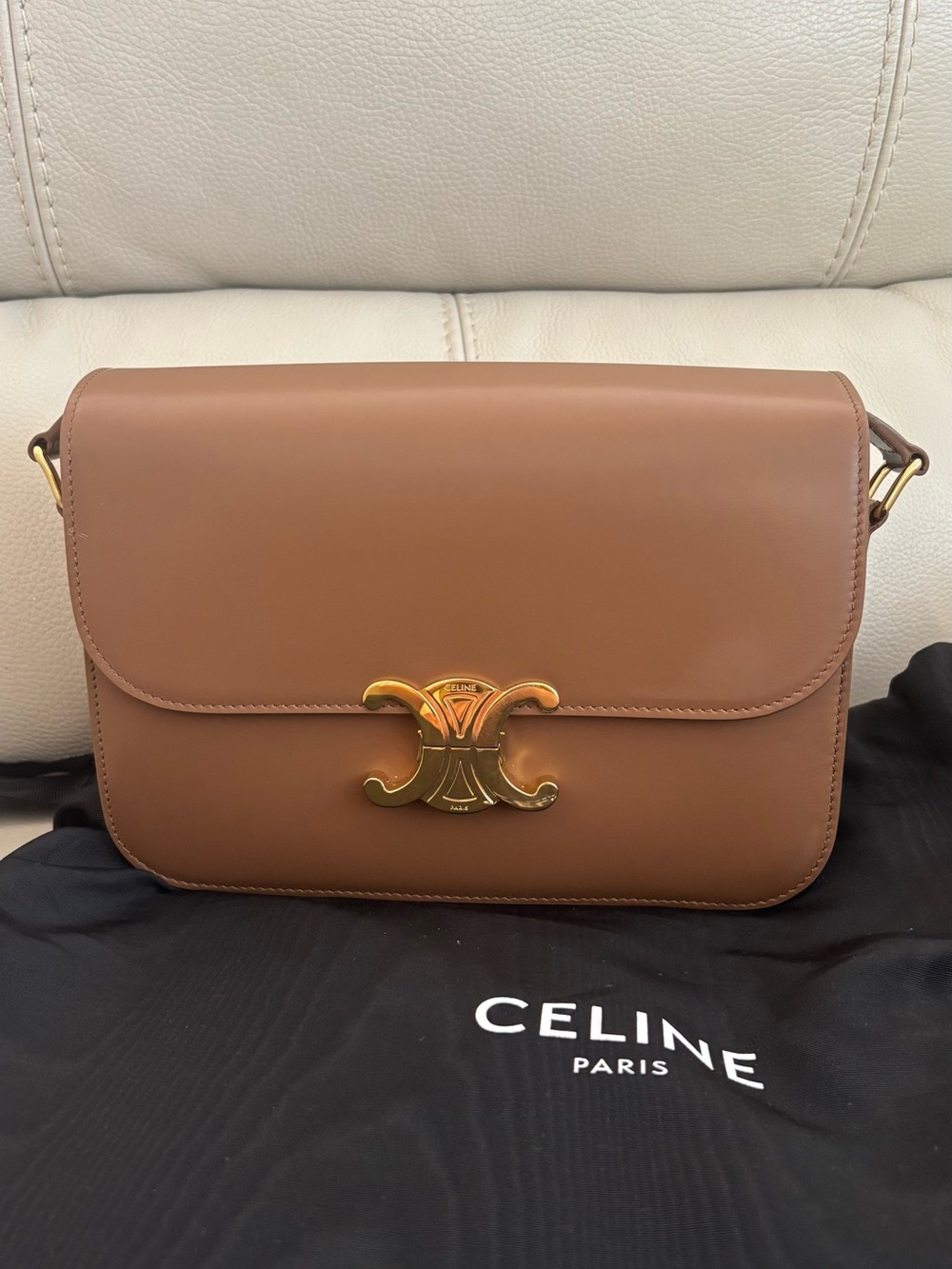 Celine triomphe Brown Leather Shoulder Bag with Gold Hardware ( medium)